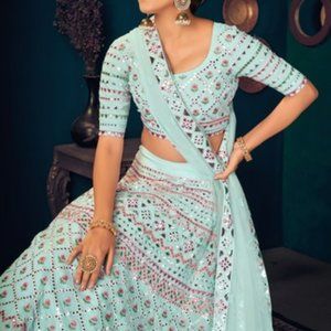 Sky Blue Multi-thread Lehenga with gota patti Embroidered Georgette